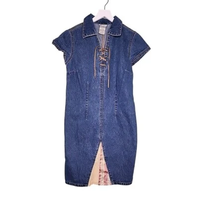 Vintage 90s Denim Dress 8 Lace Up Country Cowgirl Western Cottage Patchwork - Image 1 of 4