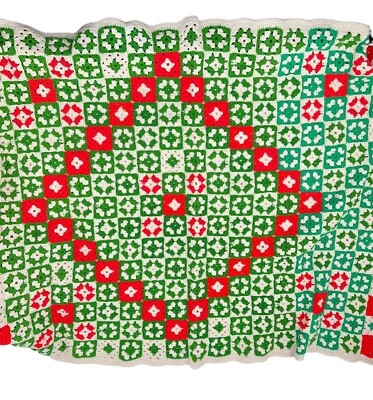 Vintage Granny Square Wool Afghan Blanket Christmas Red Green Beige 62x46 - Image 1 of 4