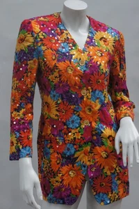 Vintage 80s-90s Colorful Floral print And Sequin Silk Blazer By Anne Klein II - Picture 1 of 8