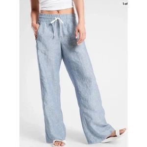 Athleta Cabo Linen Wide Leg Pants 0P Blue Chambray Drawstring Waist Pocket Zip - Picture 1 of 13