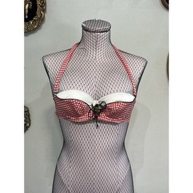 Agent Provocateur Red White Gingham Check Bull Skull Halter Bikini Swim Bra 32B