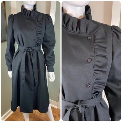 Vintage 70s 80s Bonders Black Ruffled Trench Midi Coat S/M Avant Garde Belted - Image 1 of 4