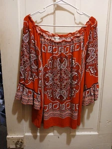 Est 1946 Red Boho Bandana Peasant Blouse Woman XL Bell Sleeve Off The Shoulder - Picture 1 of 10
