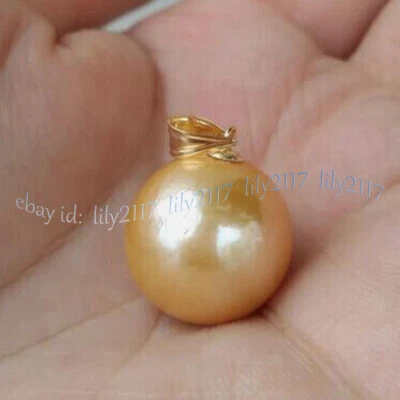 Huge 13-14mm Genuine Natural South Sea Perfect Round Yellow Pearl Pendant 14k - Image 1 of 4