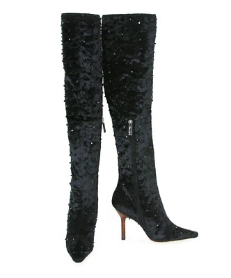 New Tom Ford for Gucci F/W 1999 Black Velvet Onyx Beaded Over Knee Boots It 37 - Image 1 of 4