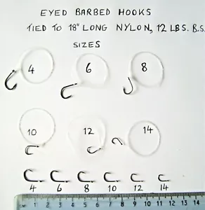Fishing Hooks Eyed Barbed to 18" Long Nylon Sizes 4,6,8,10,12 and 14 Quantity 10 - Picture 1 of 3