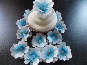 12 x 3D Edible Blue and White flowers wafer/rice paper cake/cupcake toppers - Picture 1 of 3