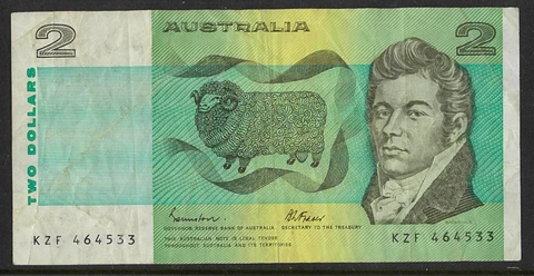 1985 Australian VF $2 KZF 464533 Serials - Johnston Fraser Banknote issue r89 Cover