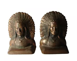 Antique Bronze Tone Cast Iron Bookends depicts Native American Indian Chief - Picture 1 of 7