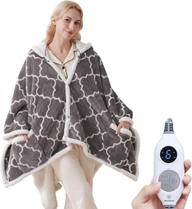 Heated Throw Blanket Wearable Shawl, Electric Wrap Poncho Blanket Hoodie with 6 - Picture 1 of 7