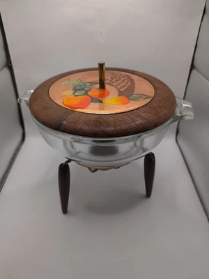 Vintage MCM Chafing Dish Warmer 3 Piece Copper Glass Wood By Glasbake USA  - Image 1 of 4