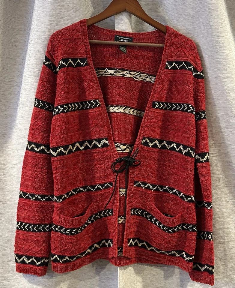 Cárdigan Lauren Ralph Lauren Tejido a Mano Suroeste Pequeño Rojo Corbata Lino Azteca Foto 1 de 4