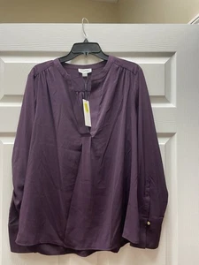 Calvin Klein Women’s Blouse Inverted Pleat 1X Purple 3/4 Roll Tab Minimalist NWT - Picture 1 of 11