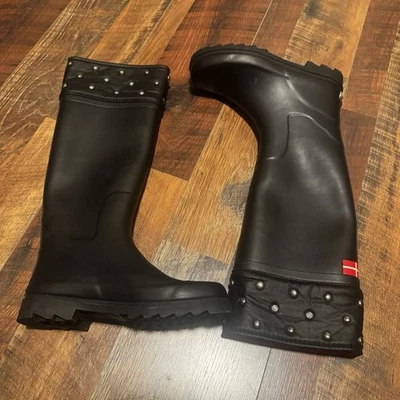 Women's Sanita Mist Me Rubber Knee-High Rain Boots Studs Black Size 38 EU 7.5 — 第 1/4 张图片