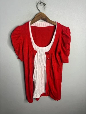 VTG 80's Cardigan Sweater Womens M Puff Sleeve Double Button Layered 6711 - Image 1 of 4