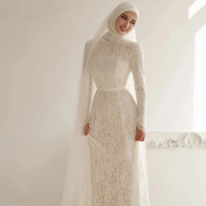 Elegante vestido de novia largo de encaje con cuello alto línea A manga completa - Imagen 1 de 13