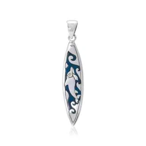 Dolphin Surfboard Pendant 925 Sterling Silver Beach Surf Ocean Surfing Jewelry - Picture 1 of 3