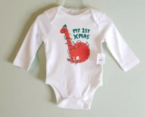 Old Navy Boys 0-3 MONTHS First Christmas Long Sleeve Bodysuit DINO White #10222 - Picture 1 of 3