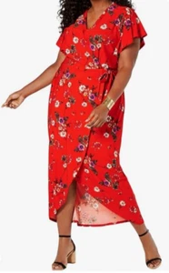 Monteau Damen Übergröße Faux Wickel rot Blumen Maxikleid 3X Arbeit Reisen Freizeit - Bild 1 von 8