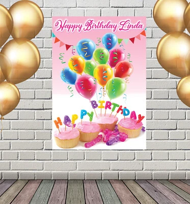 GRANDE CUPCAKE DE ANIVERSÁRIO Bolo PÔSTER BANNER PERSONALIZADO QUALQUER NOME IDADE TEXTO ETC. - Imagem 1 de 2