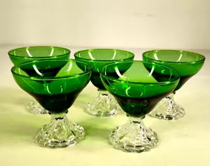 5 Vtg Anchor Hocking Pedestal Stem Green Glass Dessert Beaded 3 7/8" Tall - Picture 1 of 10