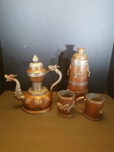 Vintage Copper, Brass & Silver teapot, vessel and 2 cups Dragon design. - Picture 1 of 12