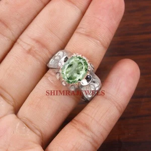 Natural Green Amethyst Gemstone With 14K White Gold Plated Silver Men Ring #1221 - Picture 1 of 13