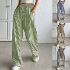 Women Summer Elastic Waist Casual Holiday Pockets Pants Bottoms Striped Trousers - Picture 1 of 10