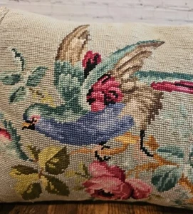 Vintage Pillow NEEDLEPOINT Bird ROSE Handmade STUNNING Tassles Fringe Down Fill - Picture 1 of 13