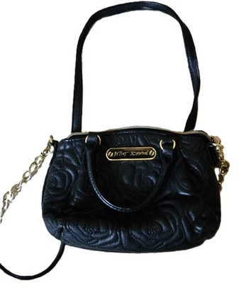Bolso Bandolera Bolso Cartera Betsey Johnson Negro Floral Acolchado Cuero Tono Dorado Cadena Foto 1 de 4