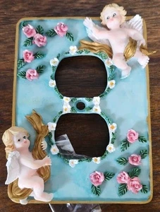 Vintage Doppel Steckdosenabdeckung 3 D Cherub Floral Rosa Rosen Steckdosenplatte Polyresin 1998 - Bild 1 von 5