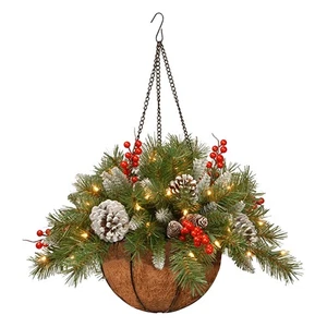 Pre-lit Artificial Christmas Hanging Flower Basket LED Lights Holiday Home Decor - Picture 1 of 12