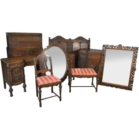 Antique Oak Bedroom Set, Carved 9 Piece Oak Bed Suite #21044 Cover