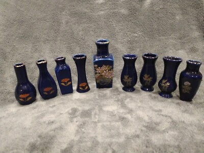 JAPANESE VASE PORCELAIN COBALT BLUE with gold detailing Peacock  9 pcs - Image 1 of 4