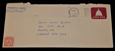 Vintage Stamped Envelope, SUNNYDALE, CA, 1984, Capitol Building, To Rexdale, ON - Image 1 of 4
