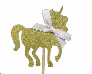 Unicorn Cupcake Toppers 12 Pieces - Gold Glitter Pink Ribbon Bow Birthday Party - Picture 1 of 8