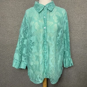 Alfred Dunner Womens 20W Button Up Top 3/4 Sleeve Seahorse Green Semi Sheer - Picture 1 of 16