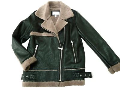 BCBGeneration Vegan Leather Bomber Jacket SMALL Shearling Fur Zip Black Brown - Image 1 of 4