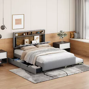 Queen size Upholstered Platform Bed with Storage Headboard, Twin XL Size Trundle - Picture 1 of 12