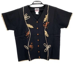 Quacker Factory Womens Monkey Sweater Black Plus Size 2X Wood Beads Short Sleeve - Picture 1 of 6