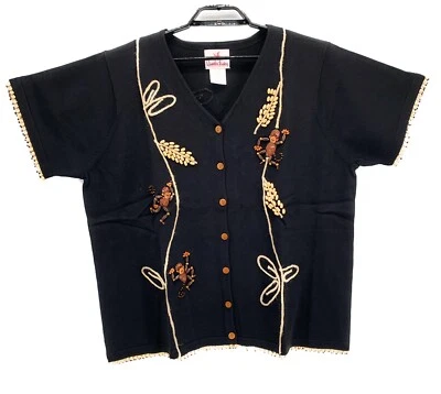 Quacker Factory Womens Monkey Sweater Black Plus Size 2X Wood Beads Short Sleeve - Image 1 of 4