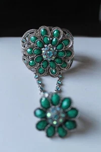 Vintage Green and Blue Faux Rhinestone Cuff Bracelet Attached Flower Ring - Picture 1 of 4