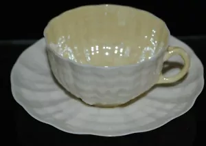 BELLEEK IRELAND LIMPET PATTERN w GOLDEN LUSTRE TEA CUP SAUCER SET GREEN MARKS - Picture 1 of 7
