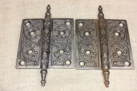 2 Old Door Hinges 4 X 4" Antique Steeple Top Clean Vintage Cast Iron "A" Cover