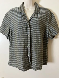 Camisa de campamento BOXY con cuello abotonado FLAX verde talla S rayas texturizadas 100 % lino - Imagen 1 de 11