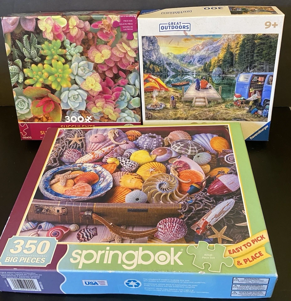 Lot 3 Complete 300 pc Puzzles Seashells, Ravensburger Calm Campsite, Succulents - Image 1 of 4