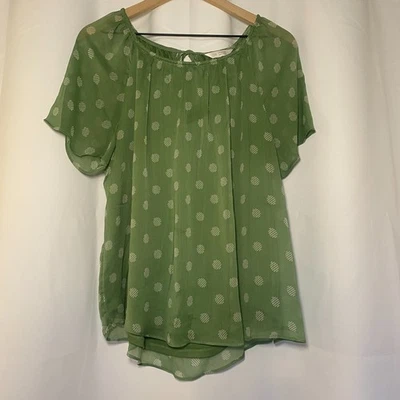 LC Lauren Conrad Green Polka Dot Womens L Blouse Flowy Sheer Chiffon Boho EUC - Image 1 of 4