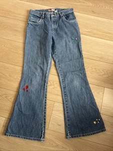 90s Vtg Y2K High Rise Flare Old Navy Denim Jeans Embroidered Shapes Girls Sz 14 - Picture 1 of 10