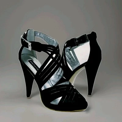 Gold & Gold Woman's Shoes Black Satin 7321-18 American Cross Silver Buckle Sz 37 - Image 1 of 4