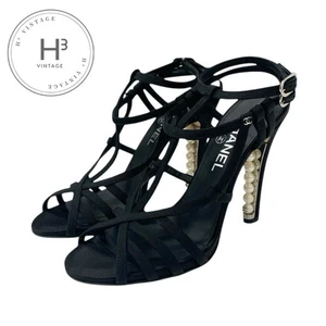 CHANEL Sandals Shoes Fabric Black Pearl Strap - Picture 1 of 10